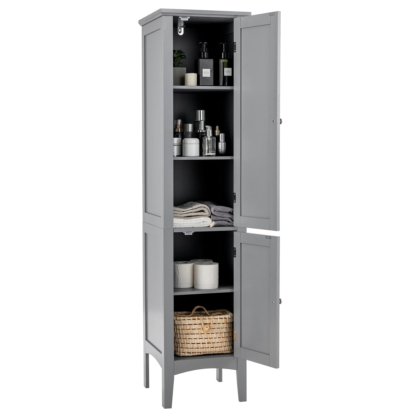 2-Door 160cm High Freestanding Bathroom Cabinet with 5-Tier Shelves-Brown