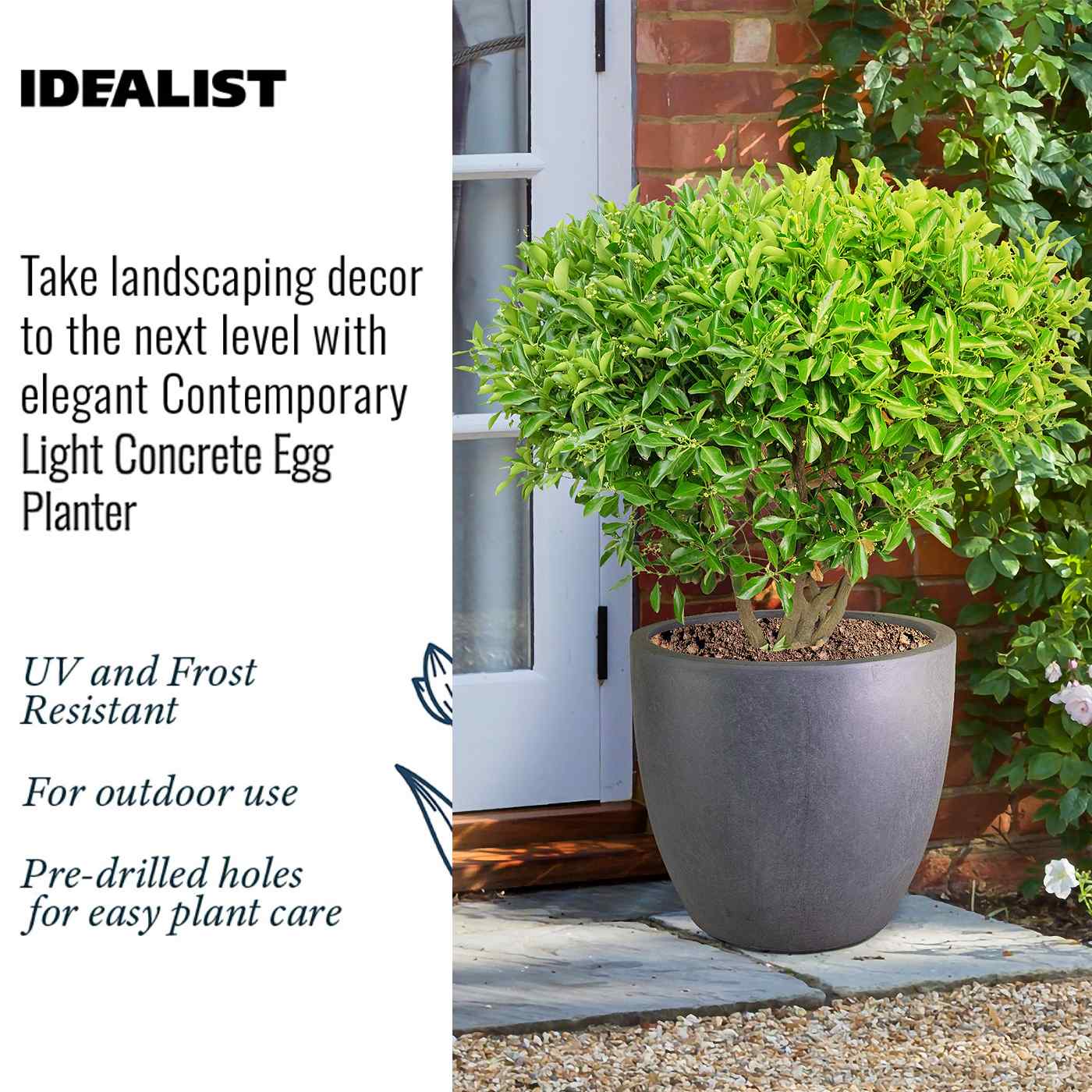 IDEALIST Lite 50cm Large Garden Planter for Trees | Washed Light Concrete Egg Round Planter | Contemporary Outdoor Plant Pot D50 H50 cm, 98L