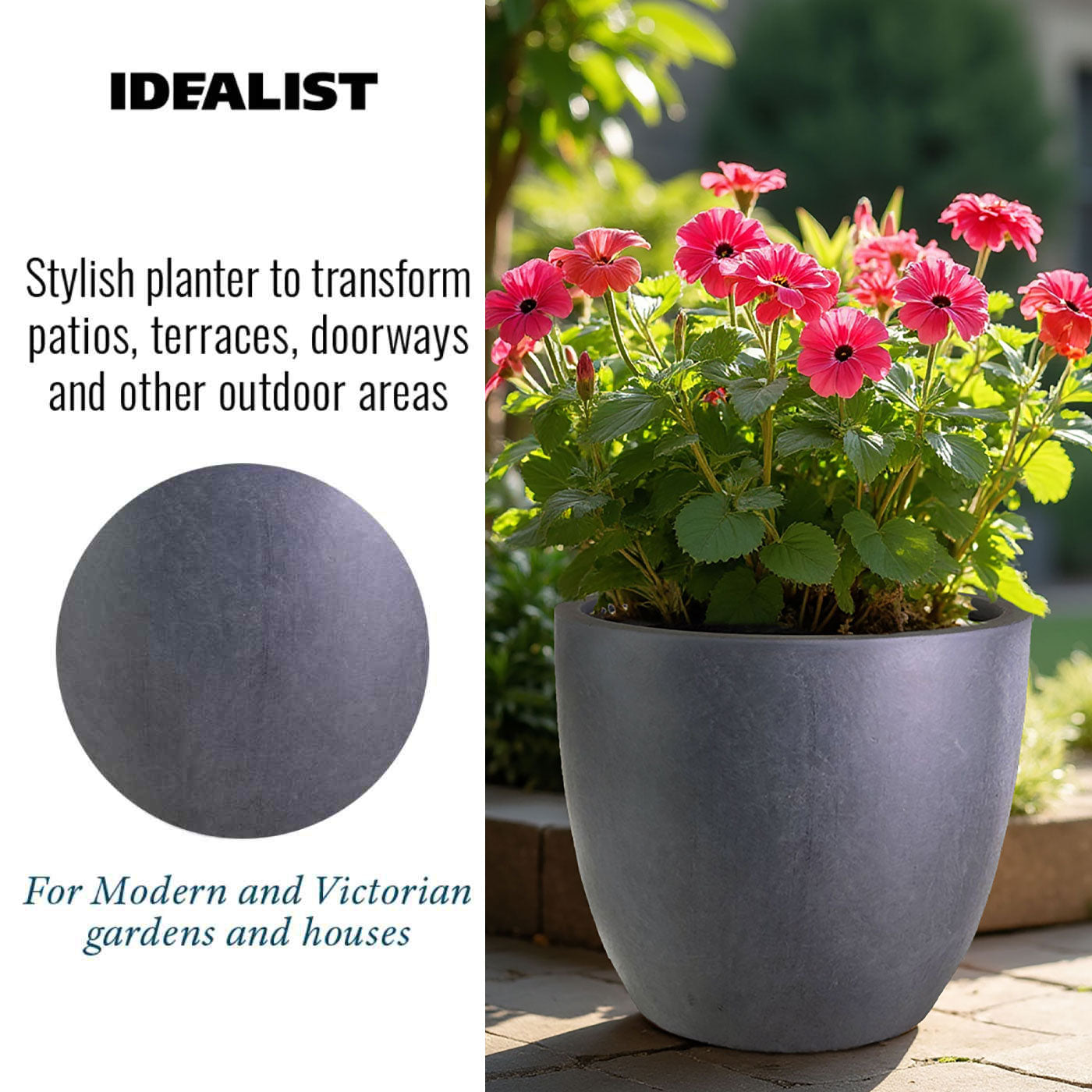 IDEALIST Lite 40cm Garden Planter | Washed Light Concrete Egg Round Planter | Contemporary Outdoor Plant Pot D40 H40 cm, 50L