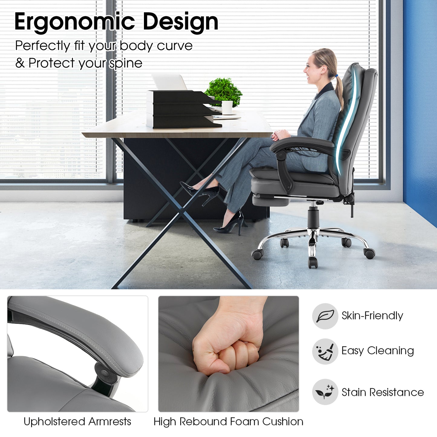 Ergonomic Adjustable High Back Rolling Computer Chair with Retractable Footrest-Black