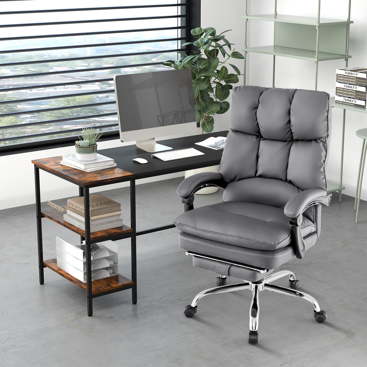 Ergonomic Adjustable High Back Rolling Computer Chair with Retractable Footrest-Black