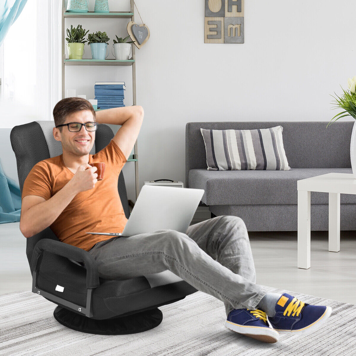 Foldable 360-Degree Swivel Gaming Floor Chair with Adjustable Backrest-Brown