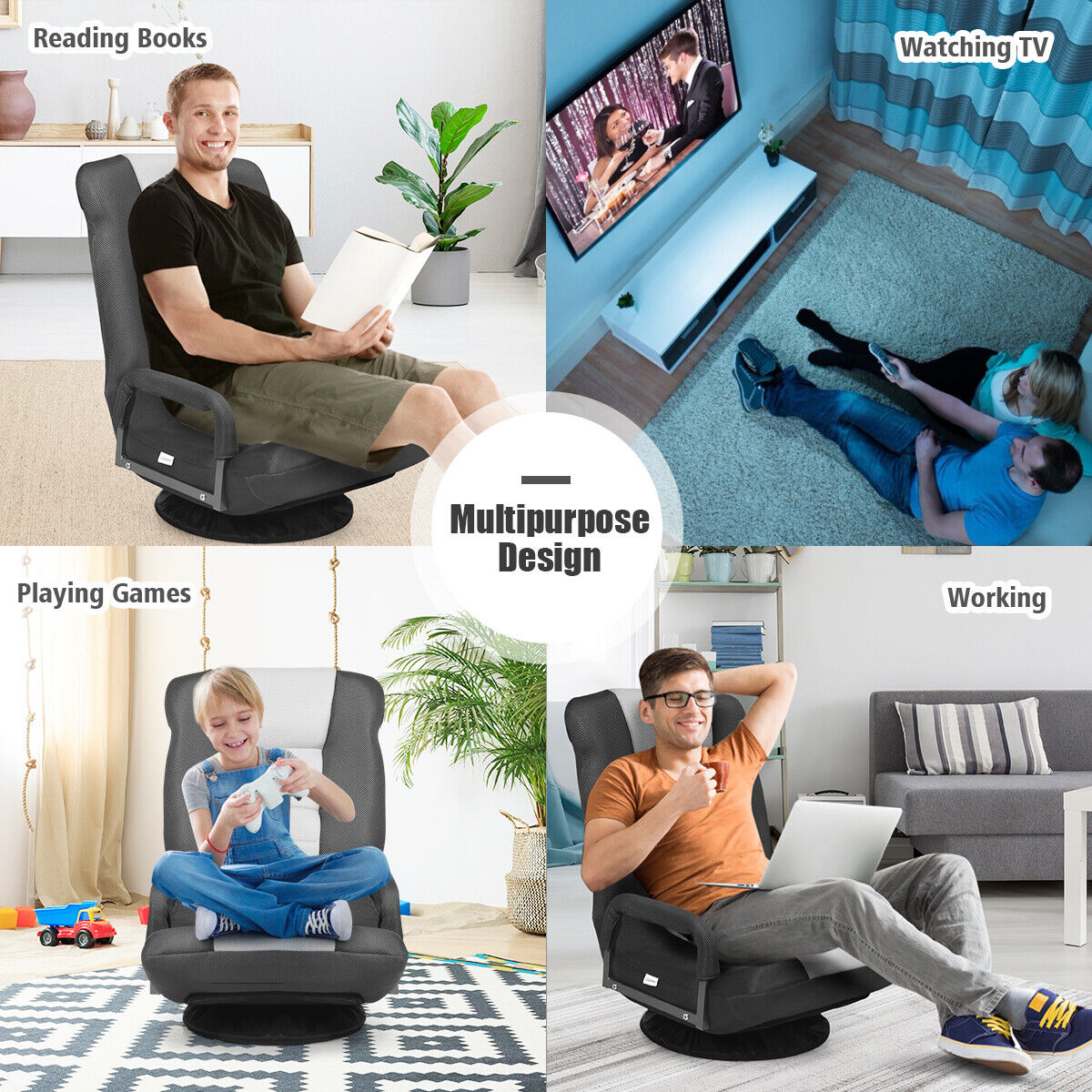 Foldable 360-Degree Swivel Gaming Floor Chair with Adjustable Backrest-Brown