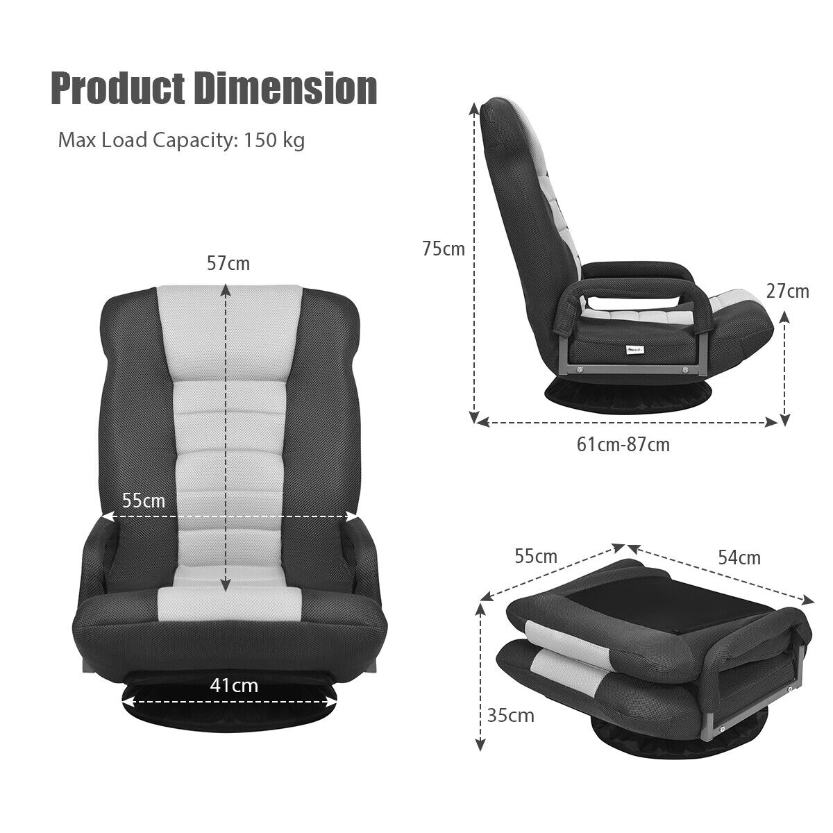 Foldable 360-Degree Swivel Gaming Floor Chair with Adjustable Backrest-Brown