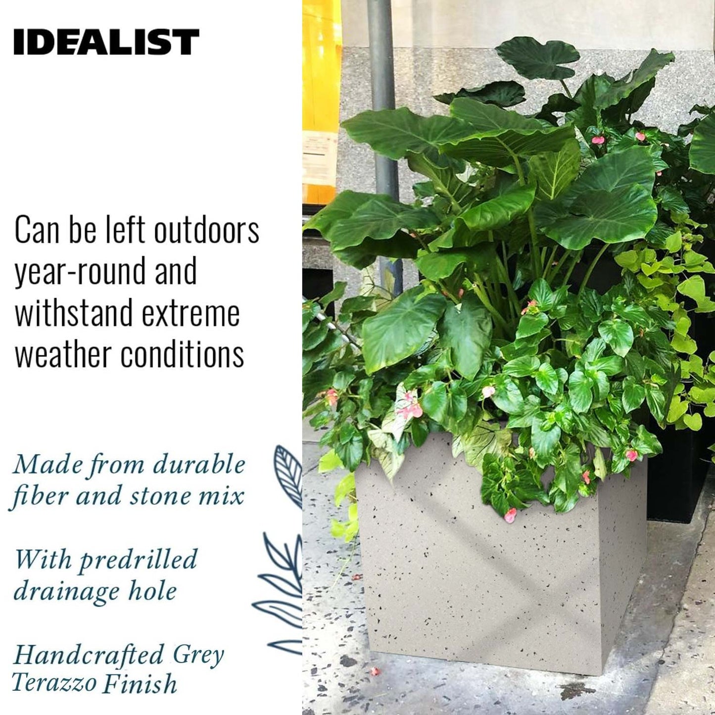 IDEALIST Lite Contemporary Flower Box Square Garden Planter, Light Concrete Outdoor Large Plant Pot H50 L50 W50 cm, 126L