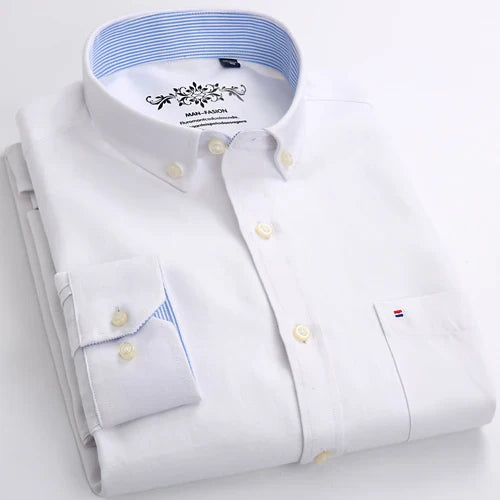 Men's Fashion Long Sleeve Solid Oxford Shirt Single Patch Pocket Standard-fit Button-down Collar Shirts