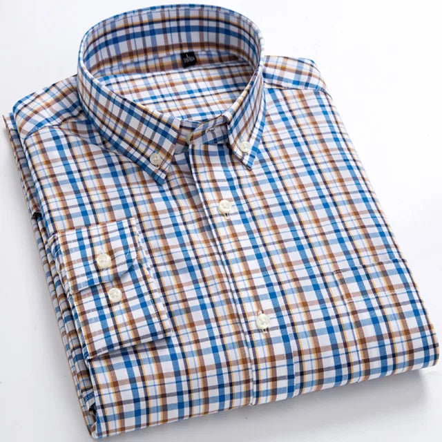 Men's 100% Cotton Standard-Fit Long-Sleeve Casual Checked Shirt Single Patch Pocket Button-down Collar