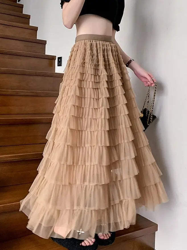 High-Waisted Mesh Layered Skirt for Women – Spring & Fall Elegant Cake Skirt