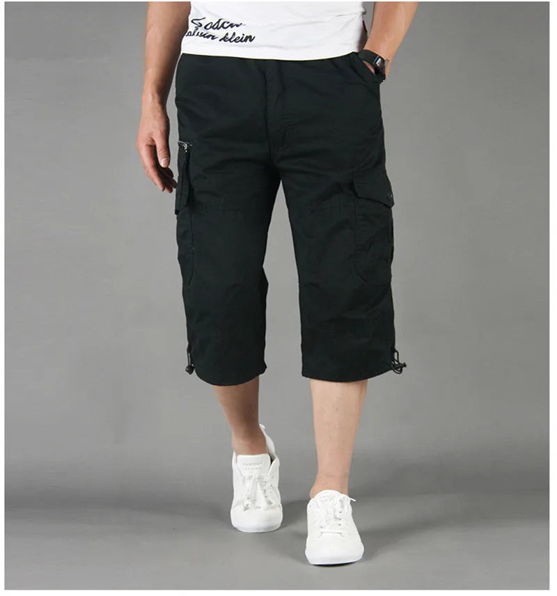 Long Length Cargo Shorts Men Summer Casual Cotton Multi Pockets Hot Breeches Cropped Trousers Military Camouflage Shorts