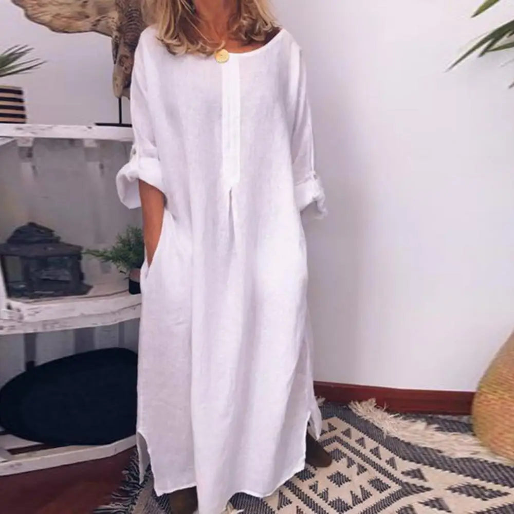 Women's Solid Color Over size Maxi Cotton Long Shirt Kaftan Dress Long