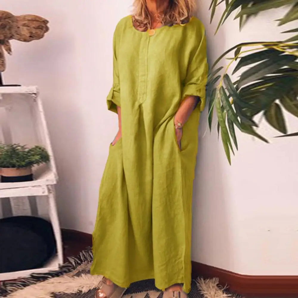 Women's Solid Color Over size Maxi Cotton Long Shirt Kaftan Dress Long
