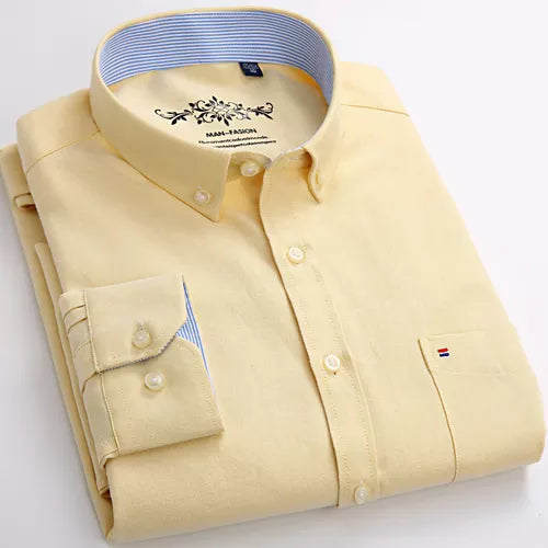 Men's Fashion Long Sleeve Solid Oxford Shirt Single Patch Pocket Standard-fit Button-down Collar Shirts