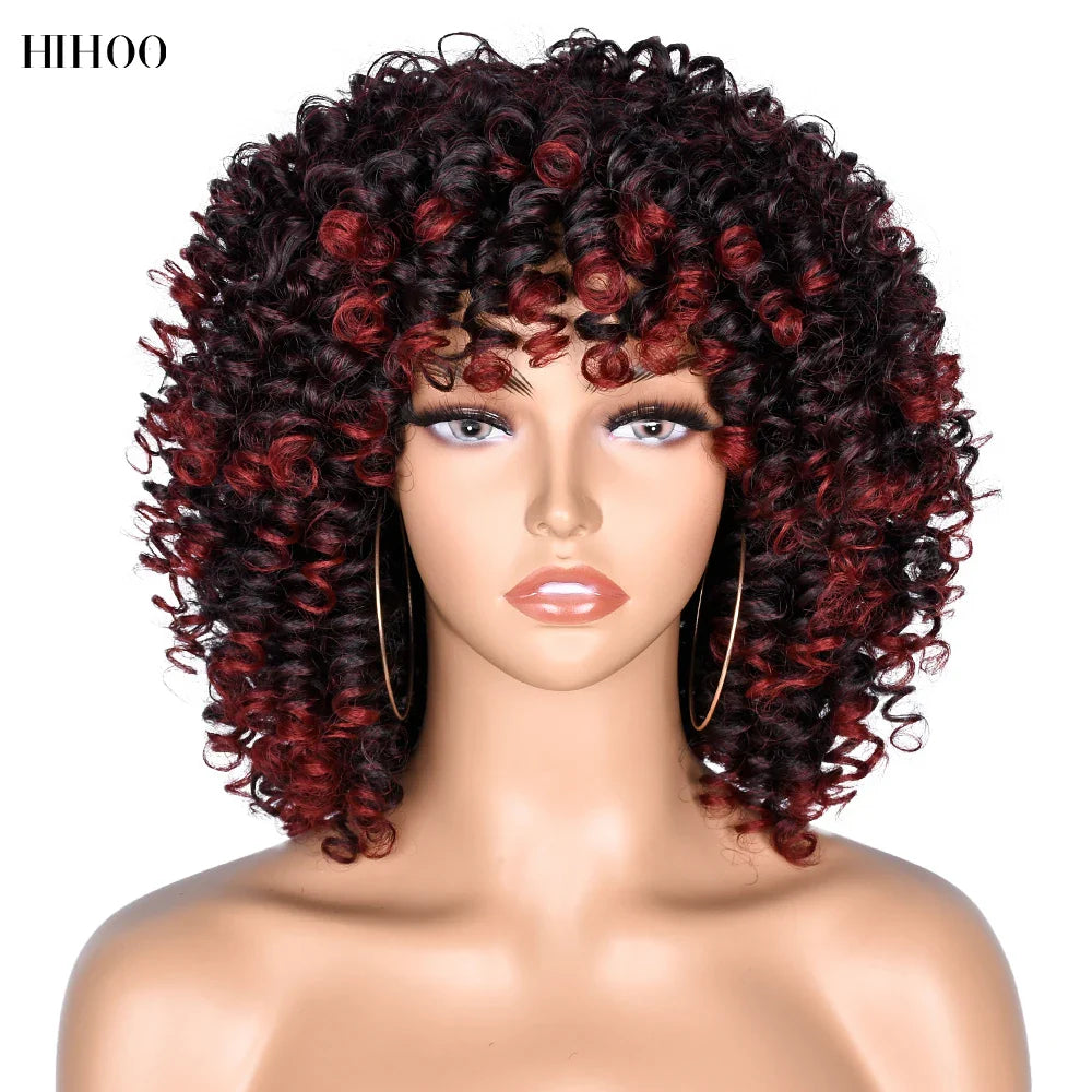 Curly Afro Wigs for Black Women Short Curly Wig with Bangs Kinky Curls Curly Hair Synthetic Wigs for African American Women