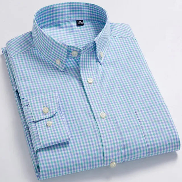 Men's 100% Cotton Standard-Fit Long-Sleeve Casual Checked Shirt Single Patch Pocket Button-down Collar