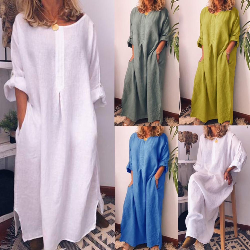 Women's Solid Color Over size Maxi Cotton Long Shirt Kaftan Dress Long