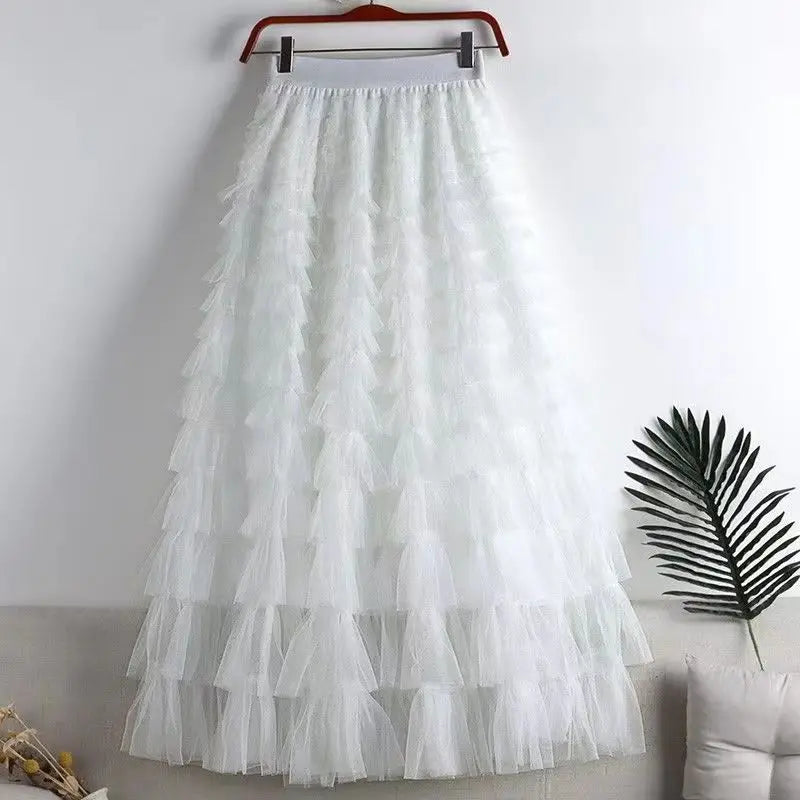 High-Waisted Mesh Layered Skirt for Women – Spring & Fall Elegant Cake Skirt