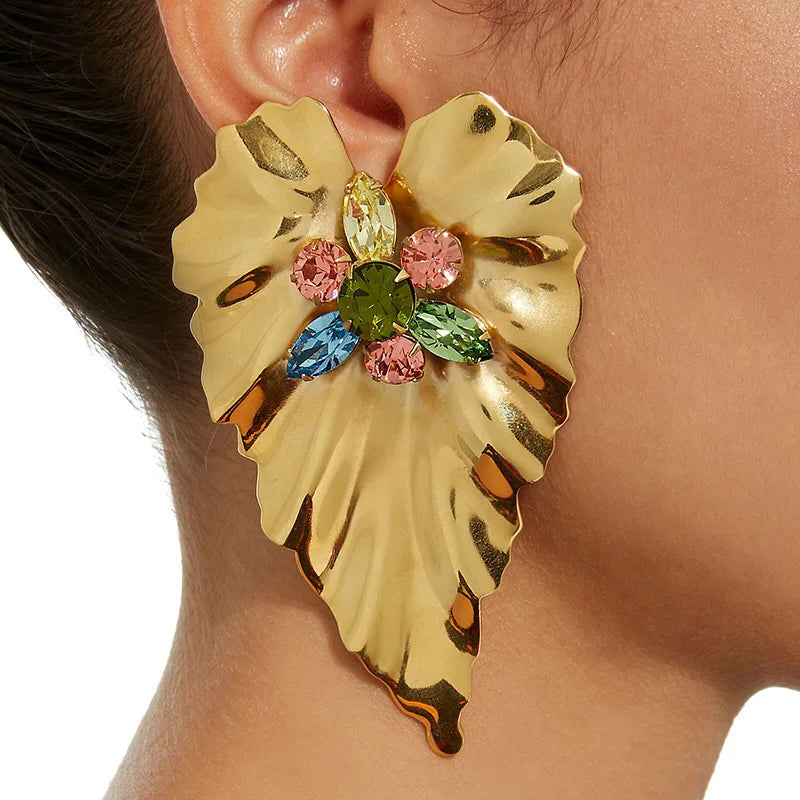 Gold Colour Large Leaf Earrings Women's Statement Earrings Large Antique Pendant Earrings Bohemian Fashion Women's Jewelry