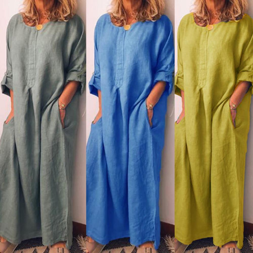 Women's Solid Color Over size Maxi Cotton Long Shirt Kaftan Dress Long