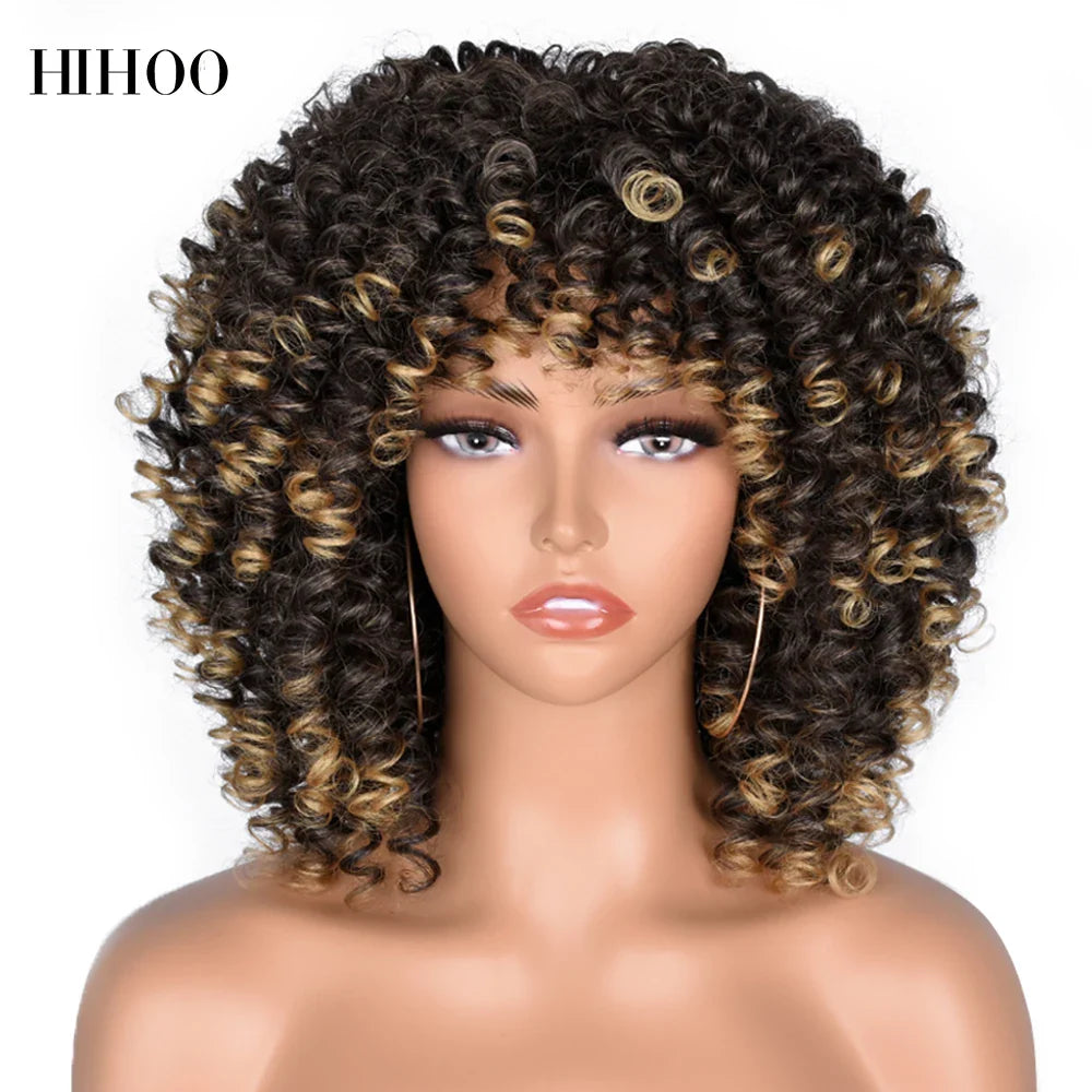 Curly Afro Wigs for Black Women Short Curly Wig with Bangs Kinky Curls Curly Hair Synthetic Wigs for African American Women