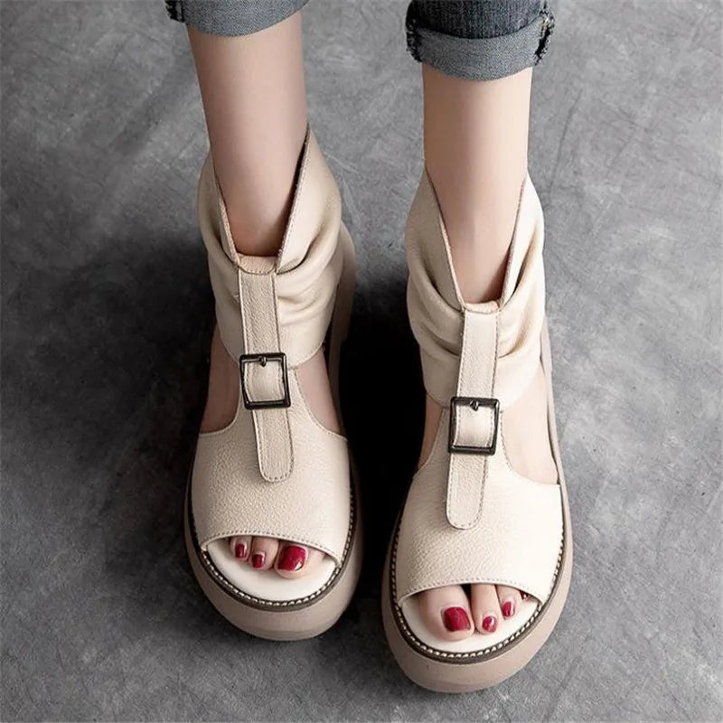 Vintage Genuine Leather Sandals Mid Heel Summer Fish Mouth Ladies Shoes Summer Shoes Casual Mother Sandals
