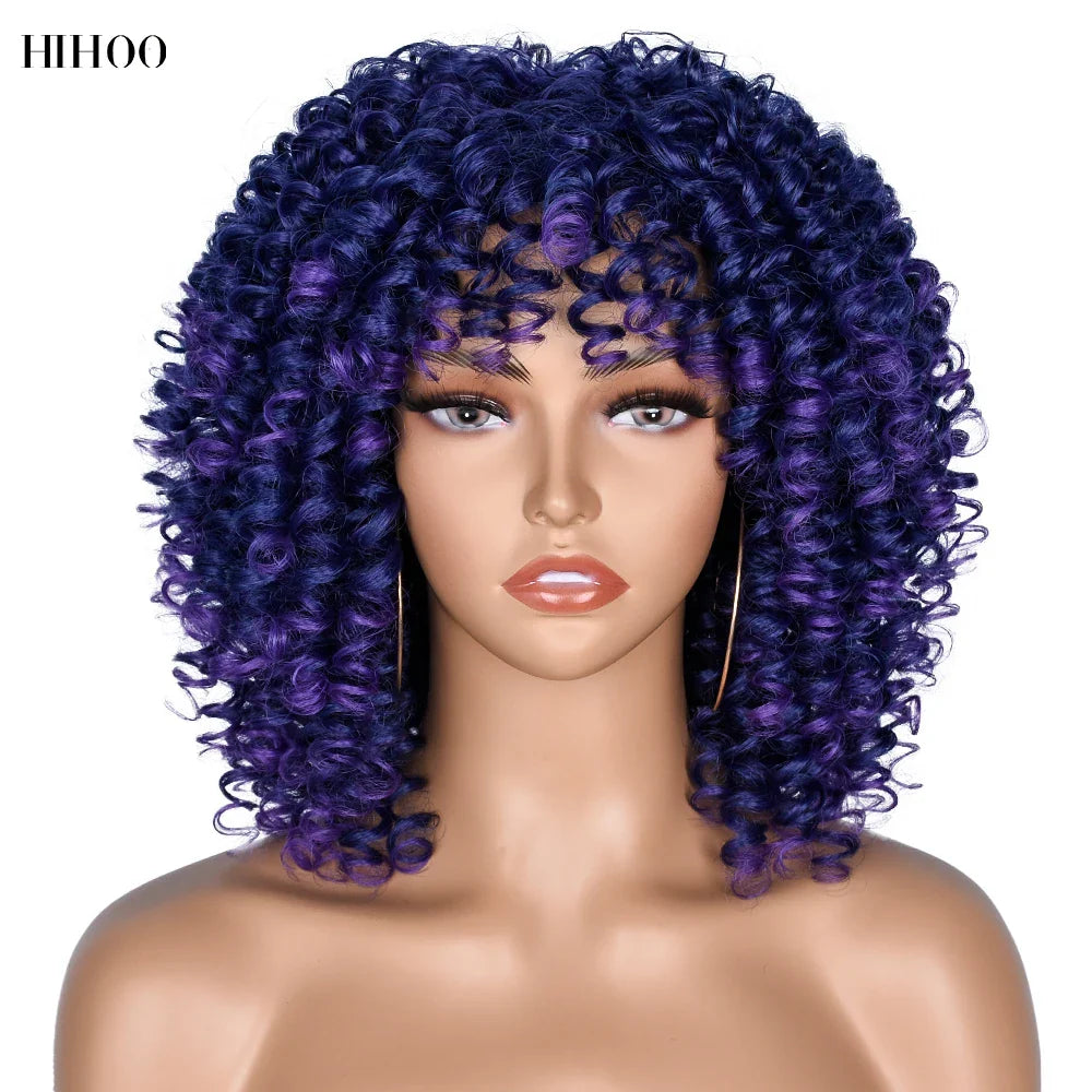 Curly Afro Wigs for Black Women Short Curly Wig with Bangs Kinky Curls Curly Hair Synthetic Wigs for African American Women
