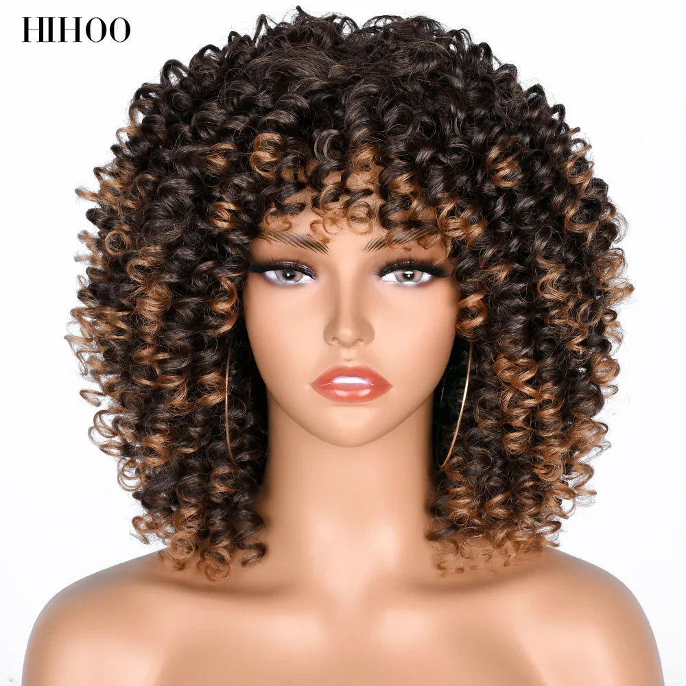 Curly Afro Wigs for Black Women Short Curly Wig with Bangs Kinky Curls Curly Hair Synthetic Wigs for African American Women