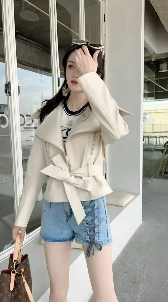 Women's Coat Elegant Leather Jacket With Large Collar