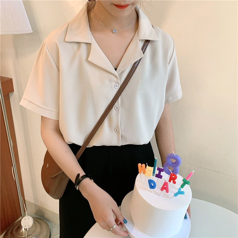 Women Chiffon Blouse Summer Shirt Short Sleeve Tops V Neck