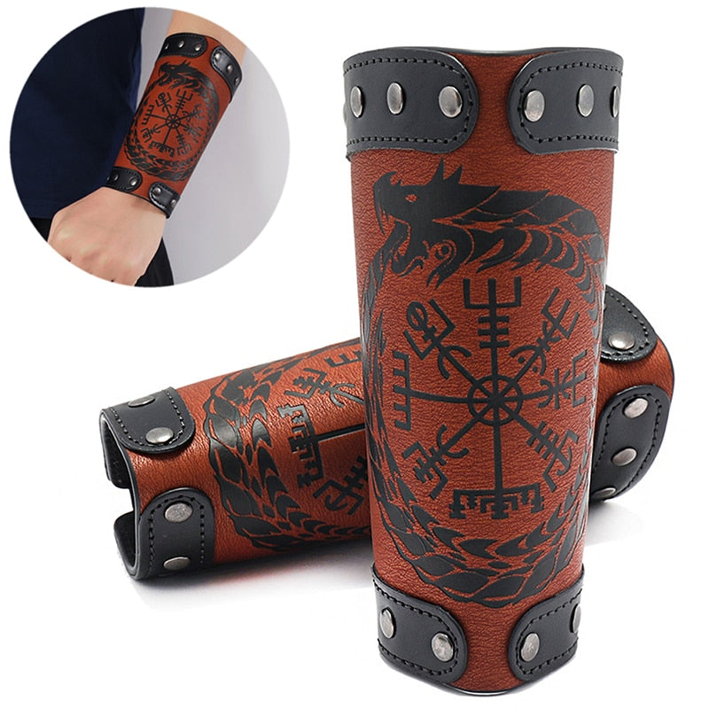 Wide Bangle Nordic Viking Compass Punk Wolf Head Leather Bracelet