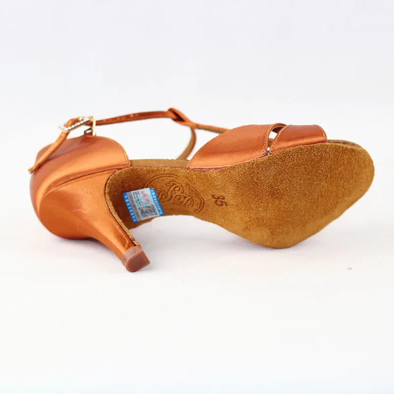 BD Dance Shoes Professional Women Satin Latin Shoe Ladies Sandal Latin Dancing Shoes Soft Leather Sole High Heel  T Bar