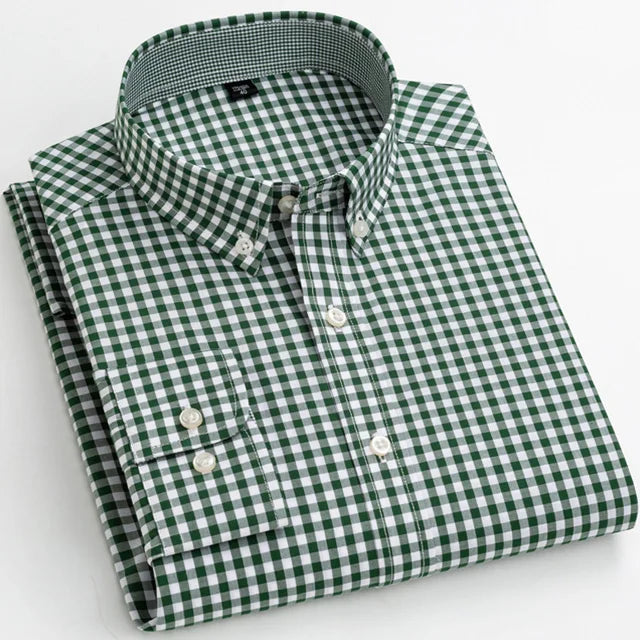 Men's 100% Cotton Standard-Fit Long-Sleeve Casual Checked Shirt Single Patch Pocket Button-down Collar