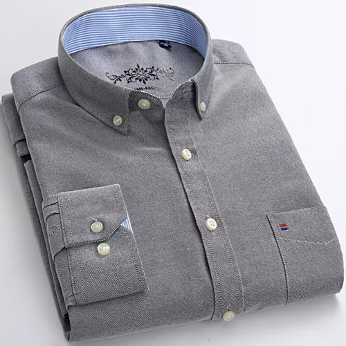 Men's Fashion Long Sleeve Solid Oxford Shirt Single Patch Pocket Standard-fit Button-down Collar Shirts