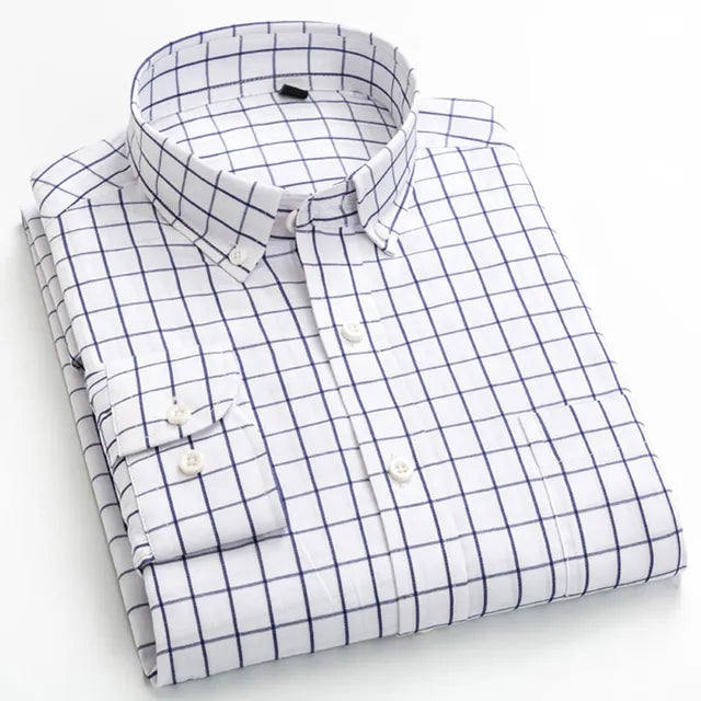 Men's 100% Cotton Standard-Fit Long-Sleeve Casual Checked Shirt Single Patch Pocket Button-down Collar