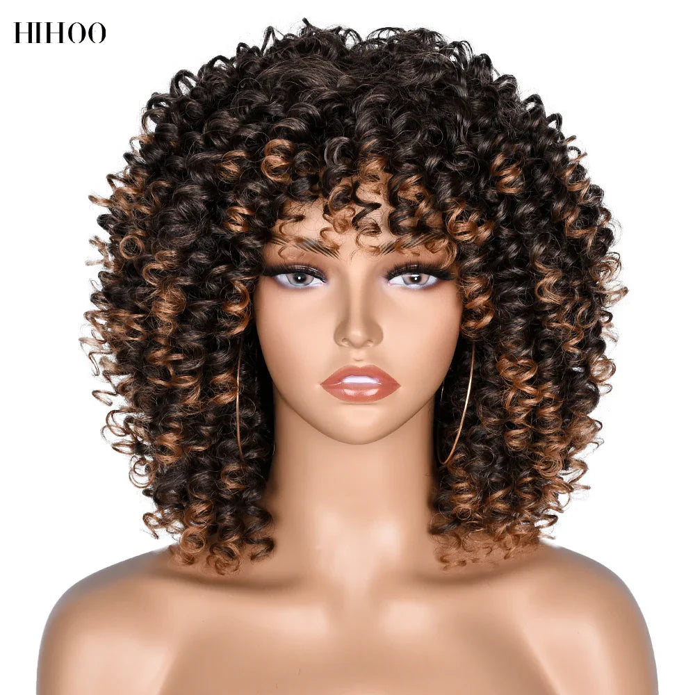 Curly Afro Wigs for Black Women Short Curly Wig with Bangs Kinky Curls Curly Hair Synthetic Wigs for African American Women