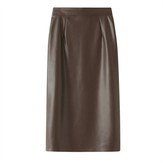 Stretch Pu Leather Midi Skirts Pencil Bodycon Elegant Office Ladies High Waist Faux Skirt