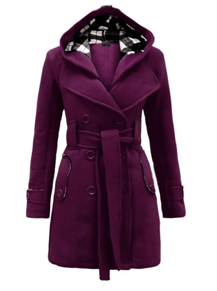 Fashionable Women's Woolen Warm Fleece Double Breast Jacket With Belts