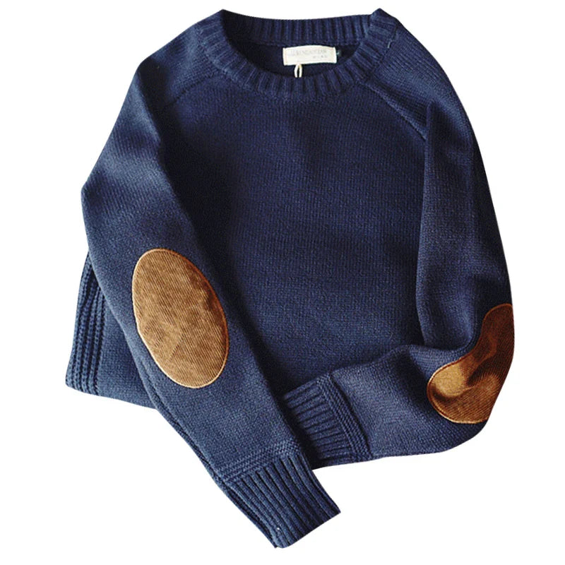 Men’s Thick Knit Sweater with Elbow Patches – Casual Oversized Pullover, Autumn Winter Crew Neck Knitwear (M–5XL)