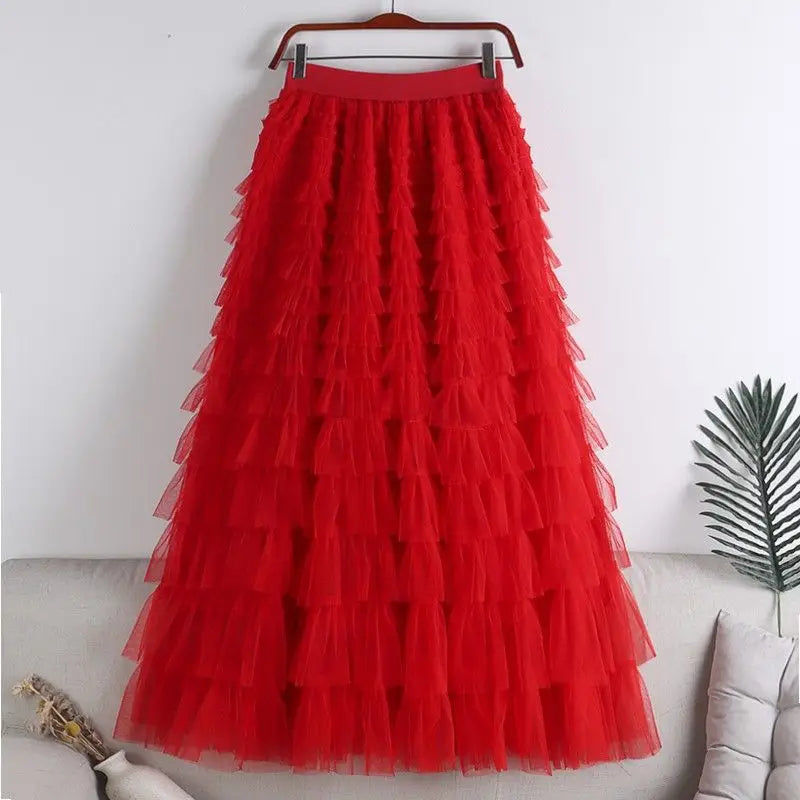 High-Waisted Mesh Layered Skirt for Women – Spring & Fall Elegant Cake Skirt
