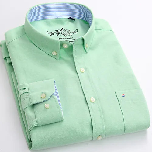 Men's Fashion Long Sleeve Solid Oxford Shirt Single Patch Pocket Standard-fit Button-down Collar Shirts