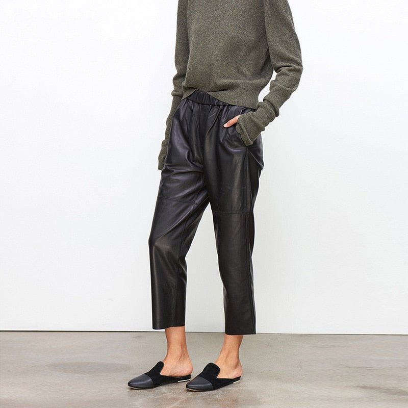 Genuine Leather Harem Pants Women Trousers High Elastic Waist