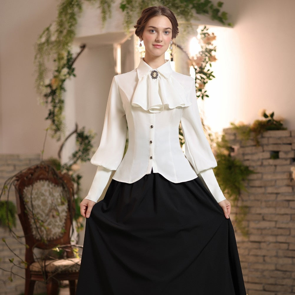 Women's Victorian Blouse Vintage Lotus Ruffled Shirt Renaissance Shirt With Tie Long Lantern Sleeves Button-up