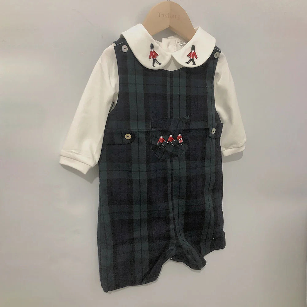 Children Boutique Clothing Set Baby Boy Clothes Soldier Embroidered Cotton Shirt British plaid Romper For 3seasons 0-5years