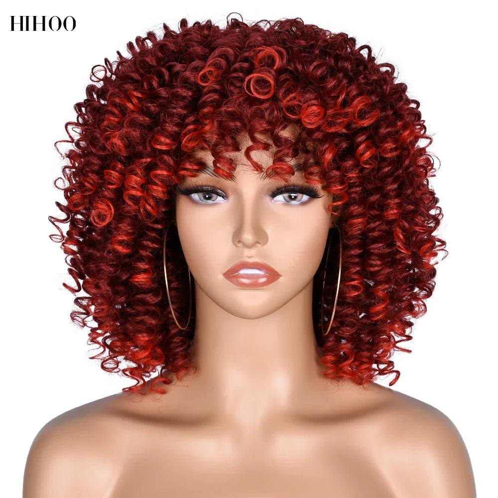 Curly Afro Wigs for Black Women Short Curly Wig with Bangs Kinky Curls Curly Hair Synthetic Wigs for African American Women