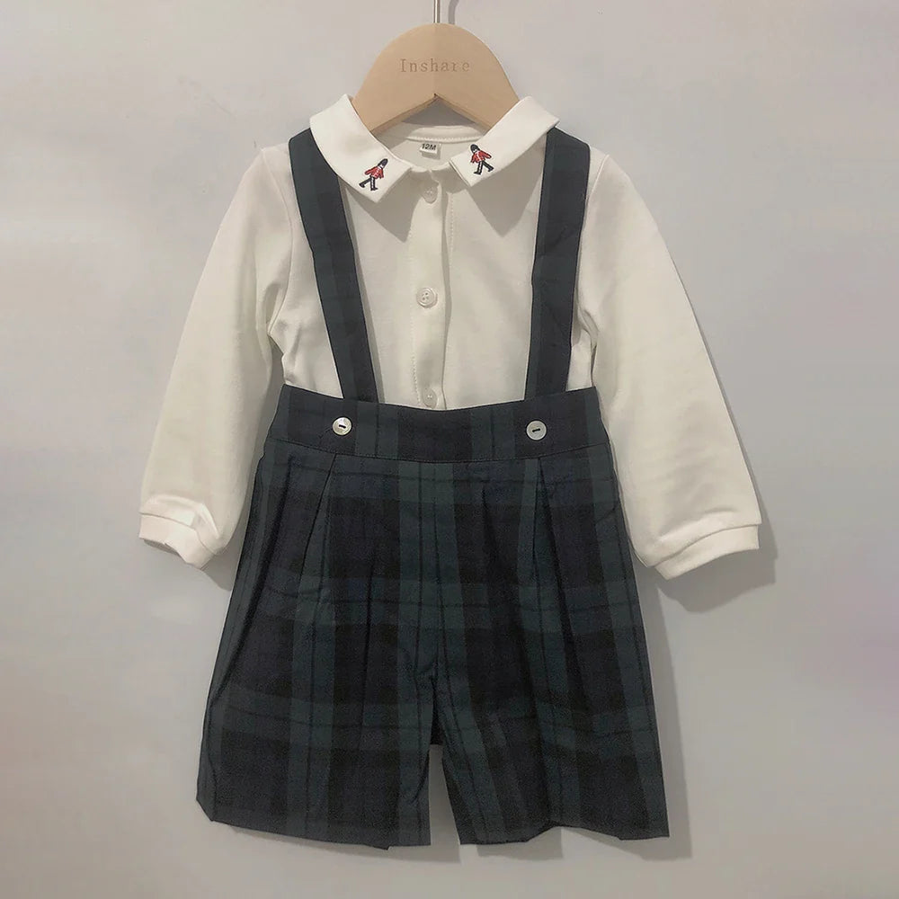 Children Boutique Clothing Set Baby Boy Clothes Soldier Embroidered Cotton Shirt British plaid Romper For 3seasons 0-5years
