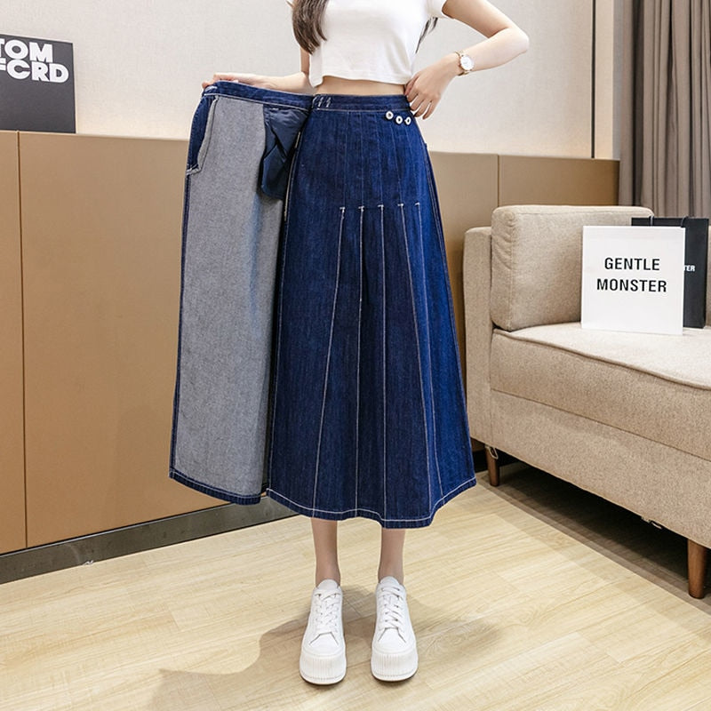 Pleated Midi Denim Skirt Irregular Jean Skirts Harajuku Vintage Faldas Ropa