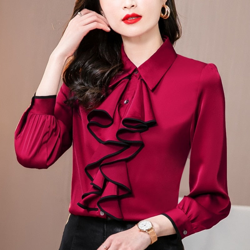 Women Elegant TuxedoTops Flounce Frill Blouses Satin Silk Long Sleeve Formal Business Office Lady Work Wear Shirt