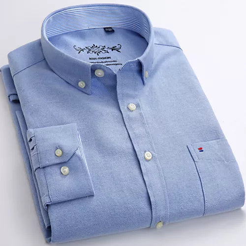 Men's Fashion Long Sleeve Solid Oxford Shirt Single Patch Pocket Standard-fit Button-down Collar Shirts