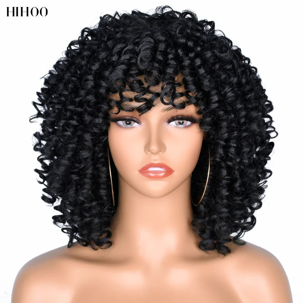 Curly Afro Wigs for Black Women Short Curly Wig with Bangs Kinky Curls Curly Hair Synthetic Wigs for African American Women