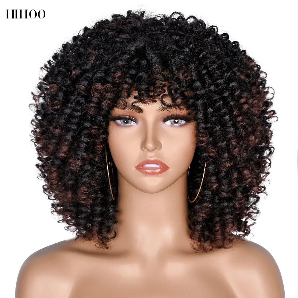 Curly Afro Wigs for Black Women Short Curly Wig with Bangs Kinky Curls Curly Hair Synthetic Wigs for African American Women