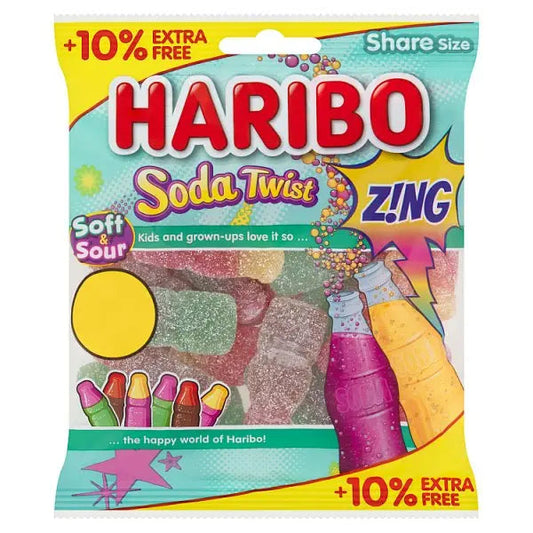 HARIBO Soda Twist Zing Fizzy jelly Sweets Sharing Bag 154g (Case of 12)